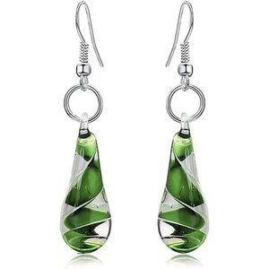 Elegant Spiral Dangle Earrings with Green Lampwork Glass - Hypoallergenic Design